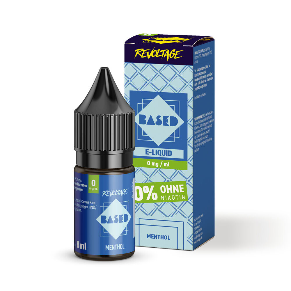 Revoltage Based Hybrid Liquid - Menthol Revoltage Based Liquid Menthol 0mg Flasche vor Verpackung, textfrei, blau-lila Design mit Beschriftung "0% ohne Nikotin" und "8 ml" visible.