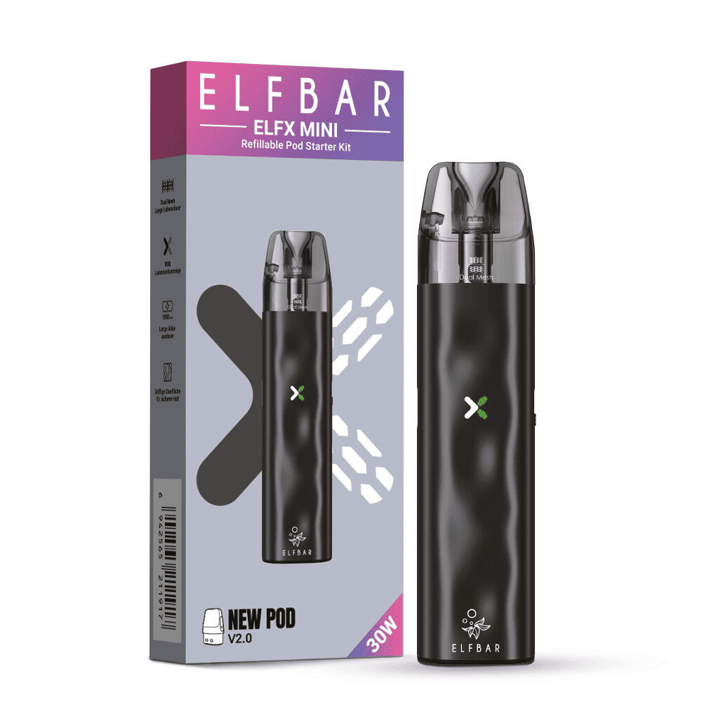 Elfbar Elfx Mini Pod Kit Elfbar Elfx Mini Pod Kit in Schwarz vor der Verpackung, die Produktname, X-Logo und New Pod V2.0 zeigt, mit transparentem Mundstück