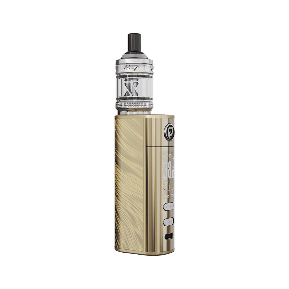 Eleaf iStick X40 Pod Kit Eleaf iStick X40 Pod Kit in Gold mit silbernem Pod, digitalem Display, zwei Tasten und Ladenschluss unten.