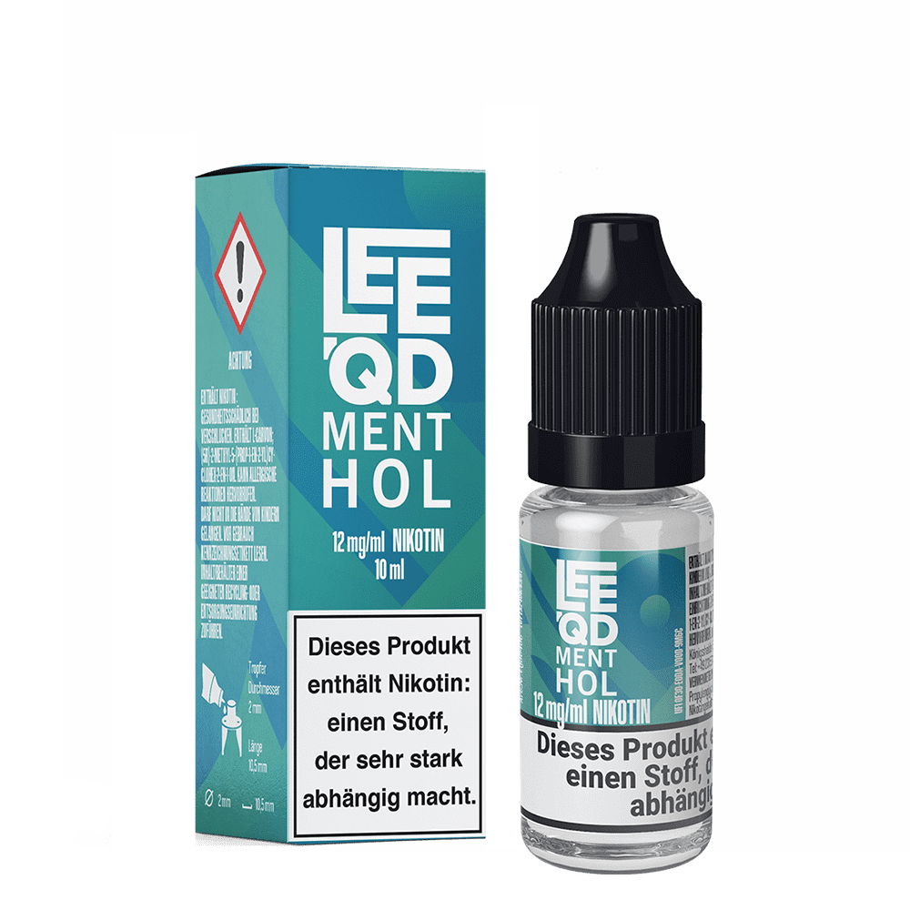 Liquid Fresh Menthol 12mg - Leeqd Leeqd Menthol 12mg Nikotin, blaue Verpackung und Flasche mit Warnhinweis über Nikotinabhängigkeit.