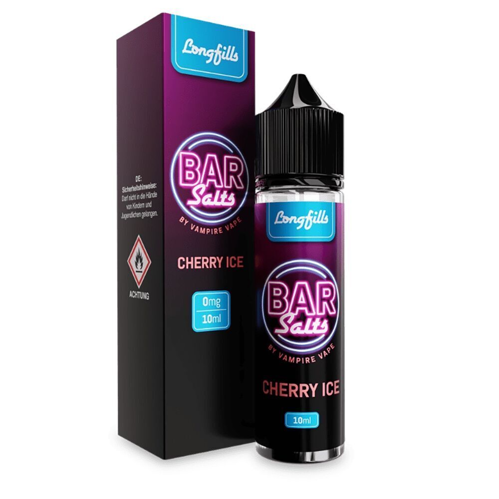 Aroma Bar Salts Cherry Ice von Vampire Vape Vampire Vape Aroma Bar Salts Cherry Ice Flasche und Verpackung mit 10ml und 0mg Hinweis, auffälliges Branding in lila und blau.