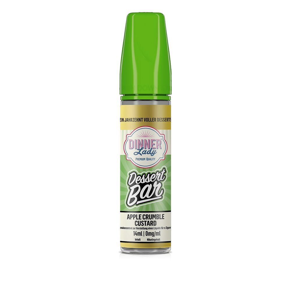 Aroma Apple Crumble Custard - Dinner Lady Liquidflasche mit grünem Deckel und grünem Etikett mit der Aufschrift "Dinner Lady Dessert Bar Apple Crumble Custard" 14ml 0mg/ml.