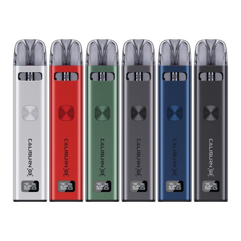 Uwell Caliburn G3 Pod Kit Uwell Caliburn G3 Pod Kit in sechs Farben: silber, rot, grün, dunkelgrau, blau, schwarz; alle mit Sichtfenster und Knopf.