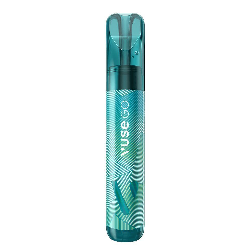 Peppermint Ice - Vuse GO 1000 Einweg Ein grüner Vuse GO 1000 Peppermint Ice Einweg-Vape mit transparentem Mundstück und geometrischem Muster auf der Hülle