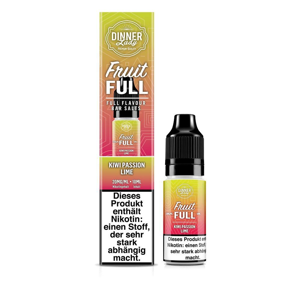 Liquid Kiwi Passion Lime mit 20mg Nikotin von Dinner Lady Fruit Full E-Liquid-Flasche Dinner Lady Fruit Full Kiwi Passion Lime 20mg mit Warnhinweis über Nikotinsucht neben passender Verpackung.