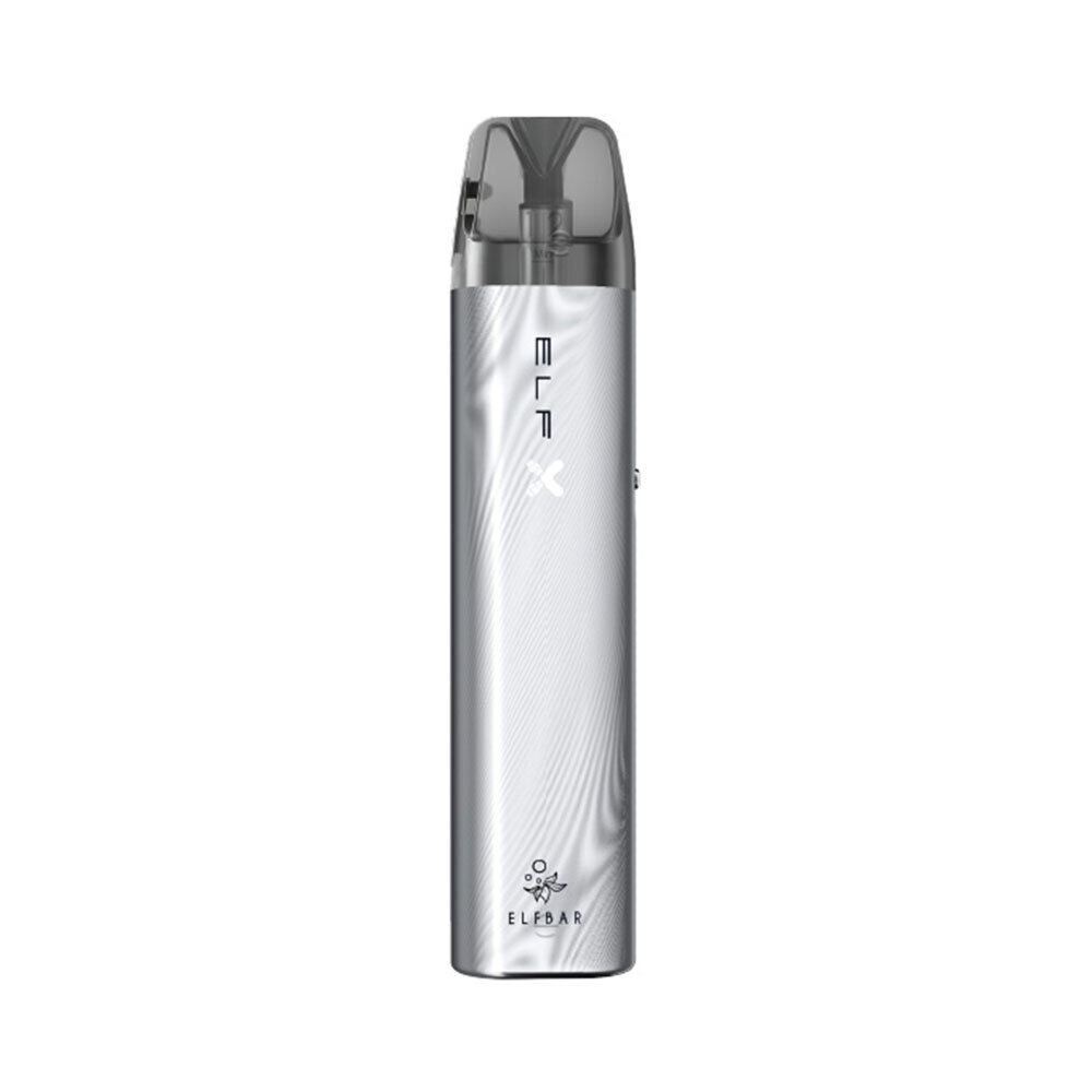 Elfbar Elfx Pod Kit Silver von Elf Bar Elfbar Elfx Pod Kit in Silber mit transparentem Mundstück und dem Branding-Logo im unteren Bereich