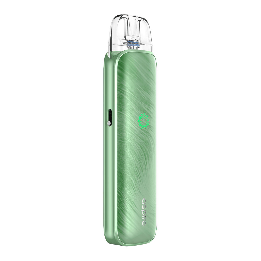 Aspire Pixo Aura 2 Pod Kit Aspire Pixo Aura 2 Pod Kit in hellem Grün mit gewellter Textur, transparentem Mundstück und Seitenknopf, seitlich das Logo "aspire".