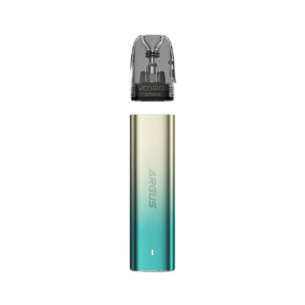 Voopoo Argus G2 Mini Pod Kit - Spring Green Voopoo Argus G2 Mini Pod Kit in Spring Green mit einem transparenten Mundstück und einem Farbverlauf von Grün zu Beige, sichtbar mit Argus-Logo.