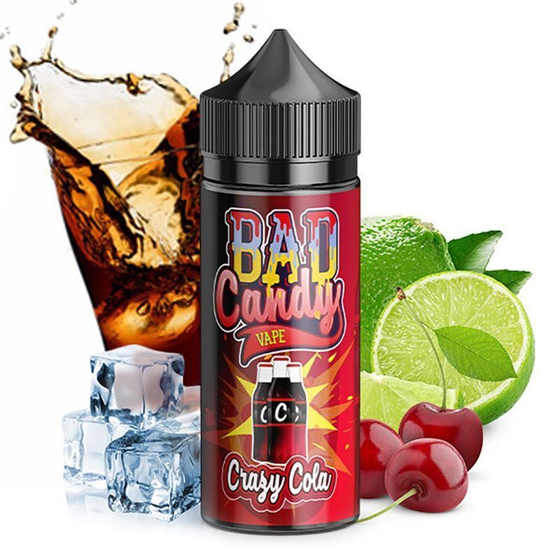 Aroma Crazy Cola von Bad Candy Flasche Bad Candy Aroma Crazy Cola, umgeben von spritzender Cola, Limettenscheibe, Kirschen und Eiswürfeln