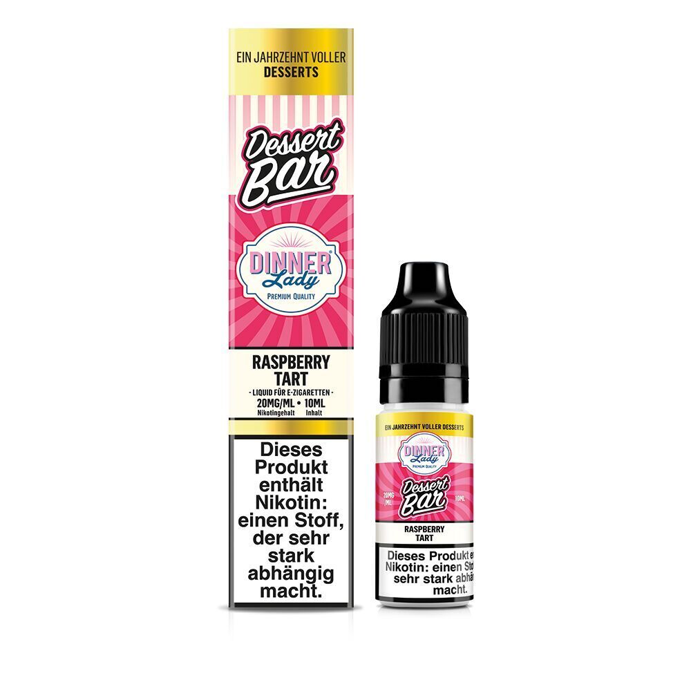 Liquid Raspberry Tart 20mg - Dinner Lady Nikotinsalz Dinner Lady Dessert Bar Nikotinsalz Raspberry Tart 20mg Flasche und Verpackung mit Warnhinweis über Nikotinsucht, rosa und gelbes Design
