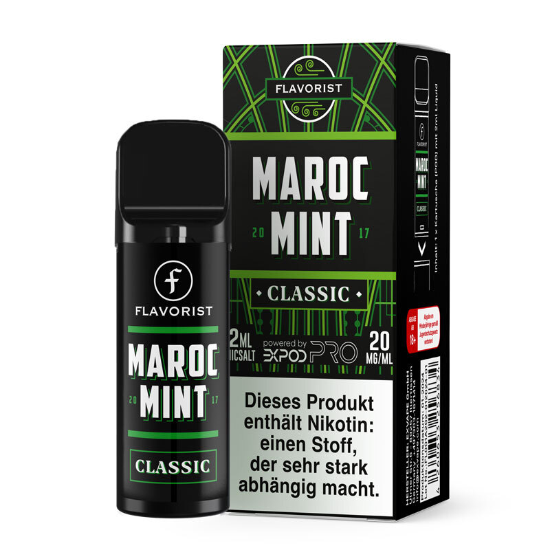 Maroc Mint 20mg - Flavorist Pods Flavorist Pods - Maroc Mint 20mg Verpackung und Flasche, schwarzes Design mit grünem Text, Nikotinwarnhinweis sichtbar