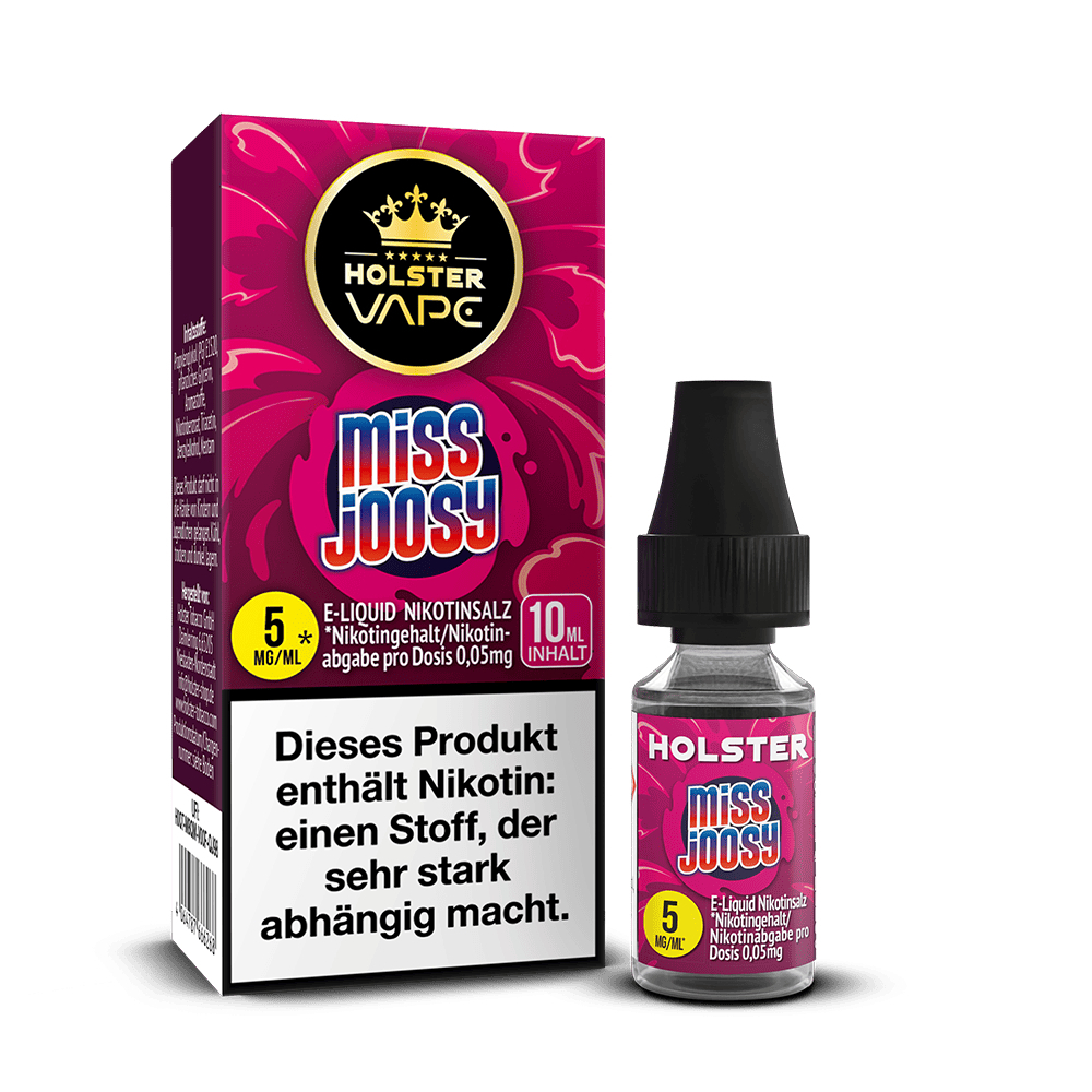 Holster VAPE E-Liquid Nikotinsalz Miss Joosy 5mg Packung und Fläschchen mit Nikotin-Warnhinweis auf rotem Hintergrund