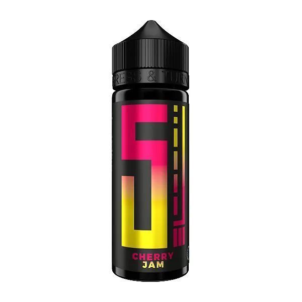 Aroma Cherry Jam von 5 Elements Flasche mit schwarzem Etikett und großem, mehrfarbigem „5 Elements“ Text, darunter steht „Cherry Jam“ in gelber und pinker Schrift.