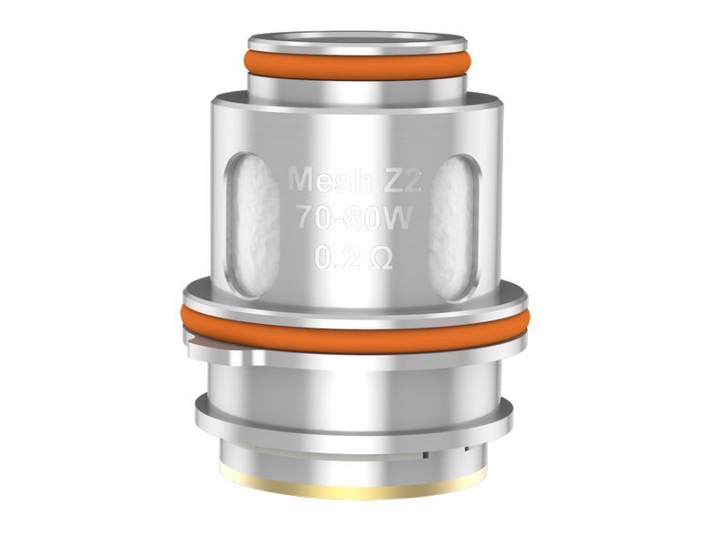 GeekVape Mesh Z2 0,2 Ohm Heads GeekVape Mesh Z2 Coil mit 0,2 Ohm Widerstand und 70-80W Leistung, silberfarben, mit orangefarbenen Dichtungsringen und seitlichen Öffnungen.