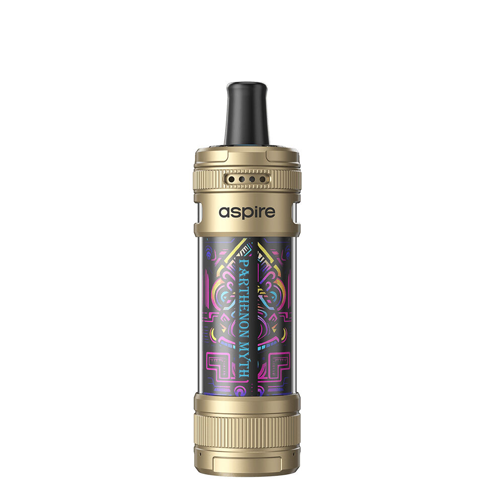 Aspire Magnum Nano Vape in Gold mit Parthenon Myth Muster und sichtbar eingraviertem Schriftzug "Parthenon Myth" auf dem Gerät.