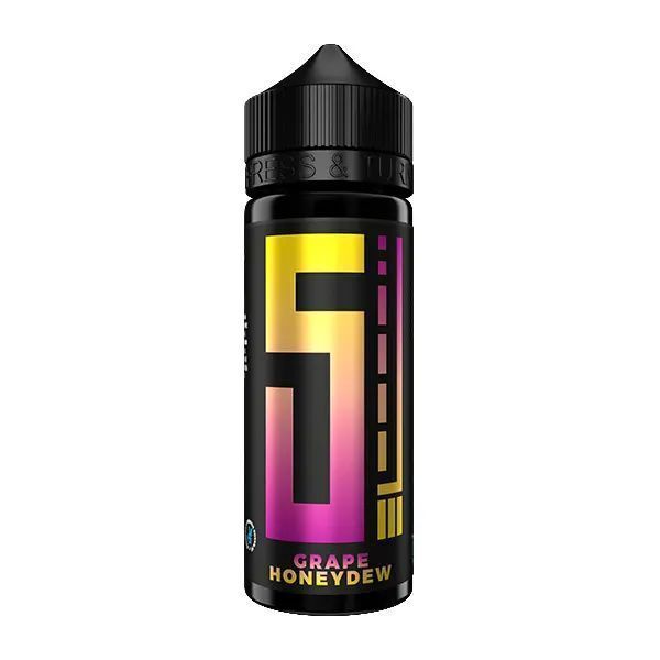 Aroma Grape Honeydew von 5 Elements Schwarze Flasche mit gelbem und pinkem Label, Aufschrift "5 Elements Aroma - Grape Honeydew" in violettem Text, schwarzer Deckel