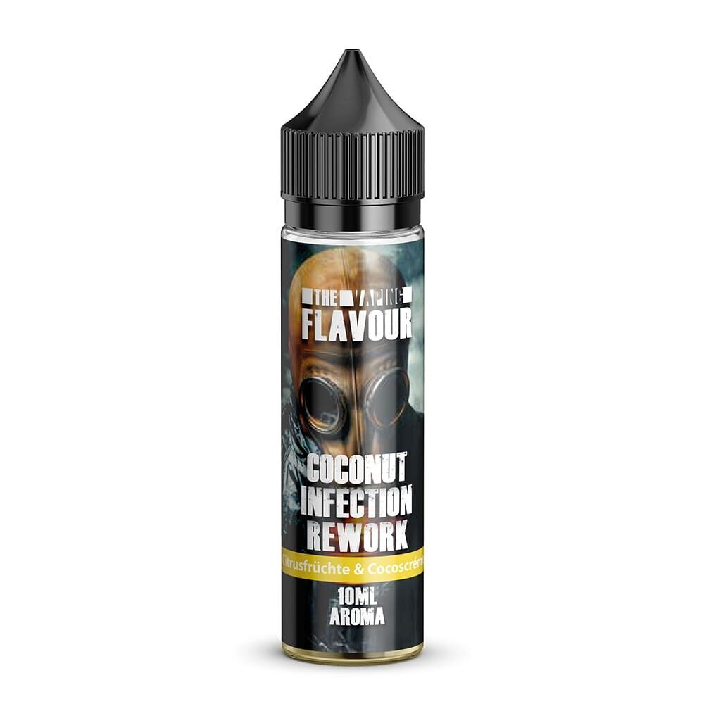 Aroma Coconut Infection von The Vaping Flavour Flasche mit schwarzem Verschluss, Etikett zeigt einen Gasmasken-Träger und die Aufschrift "The Vaping Flavour Coconut Infection Rework 10ml Aroma".
