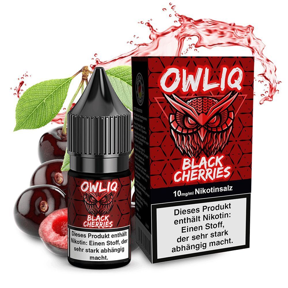 Owliq Nikotinsalz - Black Cherries Owliq Nikotinsalz Black Cherries zeigt ein Fläschchen und Packung mit Kirschdesign, begleitet von schwarzen Kirschen und Spritzern.