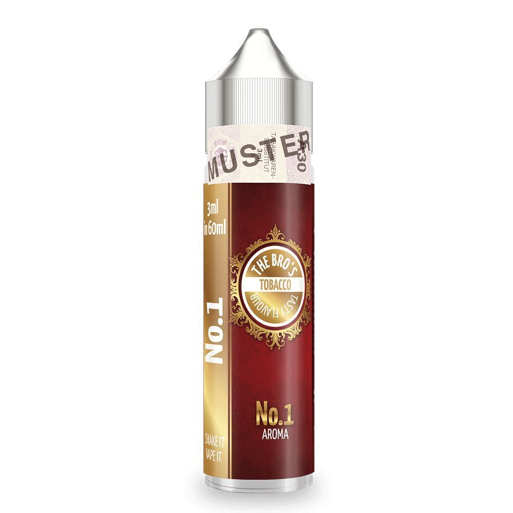 Aroma Tobacco No.1 von The Bros Flasche "The Bros Aroma - Tobacco No.1" mit braunem Etikett und goldenen Verzierungen, Aufschrift "No.1" und "SHAKE IT VAPE IT" sichtbar.