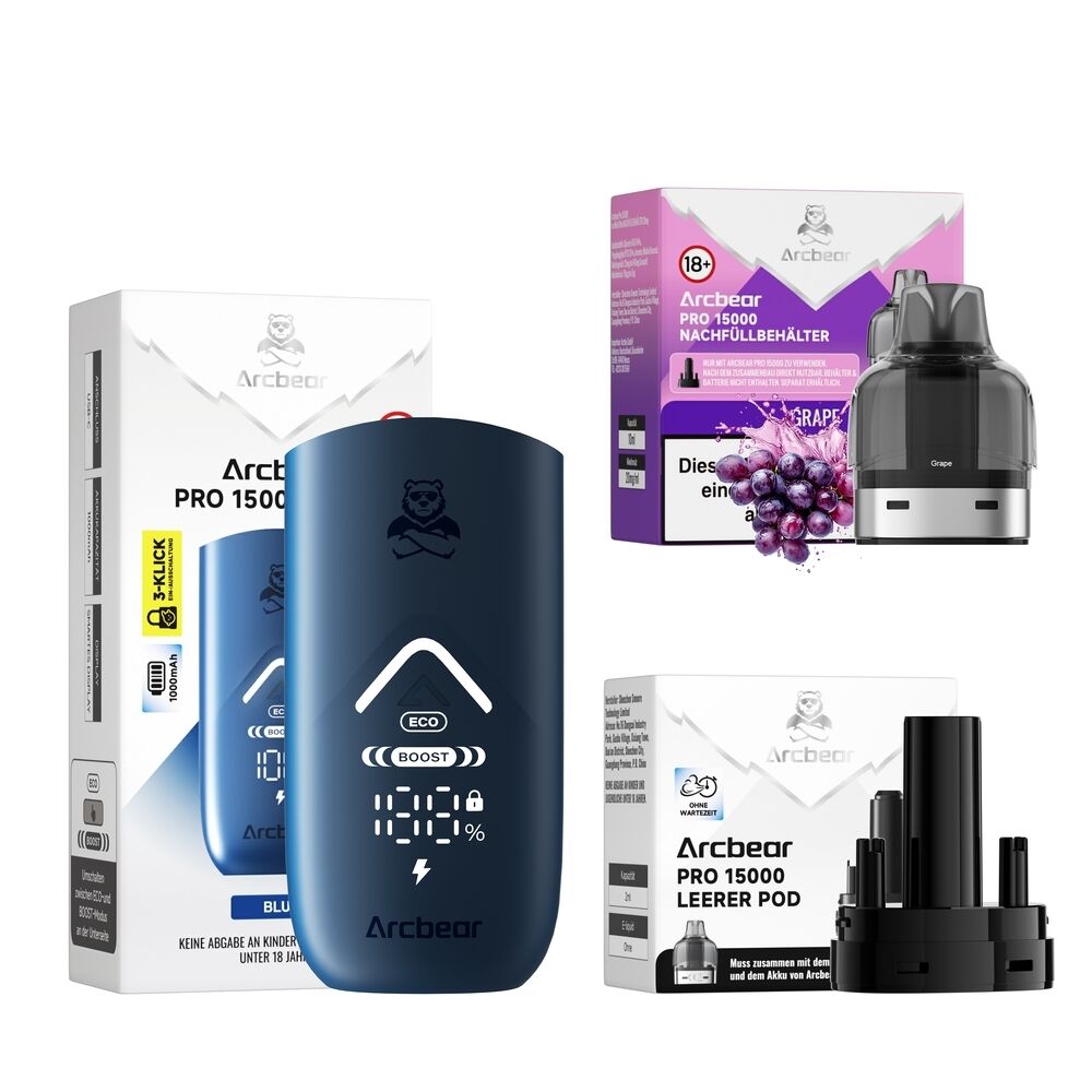 Arcbear Pro 15000 Set - Grape Ice 20mg Arcbear Pro 15000 Set und Pods, bestehend aus einem blauen Gerät, einer Verpackung mit Traubenmotiv und mehreren Pods, teils in Boxen.