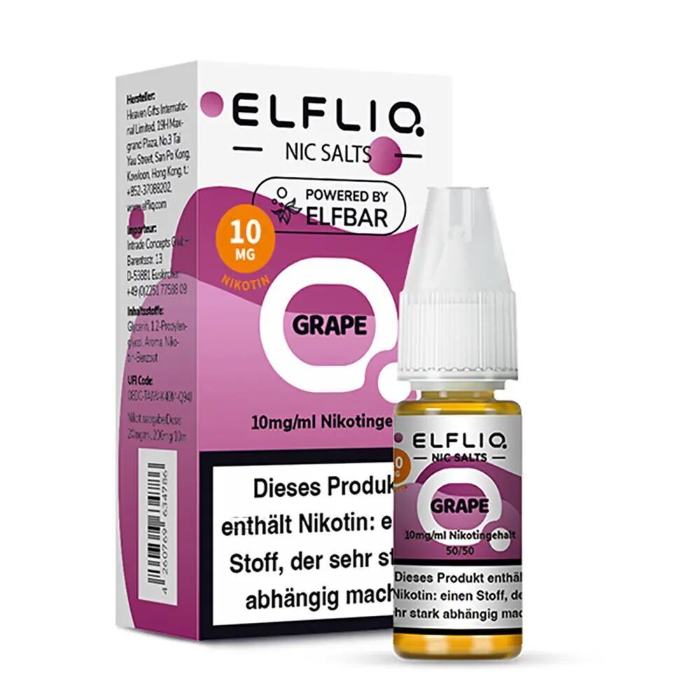 Elfliq Nikotinsalz - Grape 10mg Flasche und Verpackung des Elfliq Nikotinsalzes Grape 10mg, mit 10mg/ml Nikotingehalt und Hinweis auf Nikotinsucht.