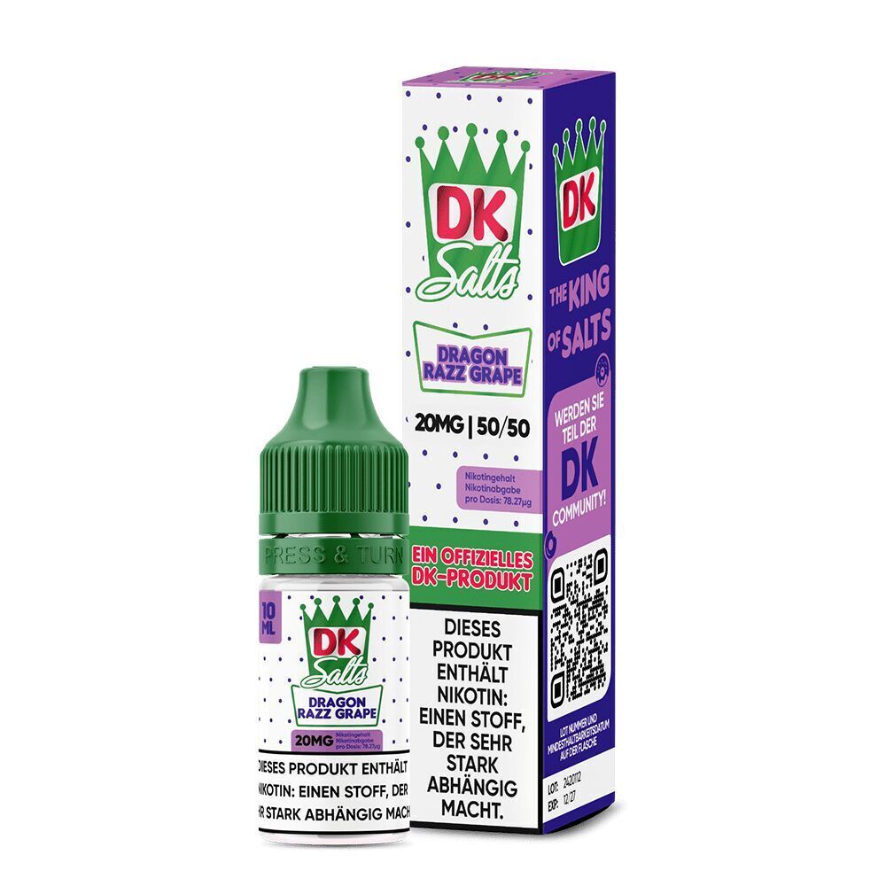 Liquid Dragon Razz Grape 20mg - DK Salts DK Salts Nikotinsalz-Flasche mit grünem Deckel und Verpackung, Aufschrift Dragon Razz Grape 20mg, enthält Nikotin, offiziell DK-Produkt