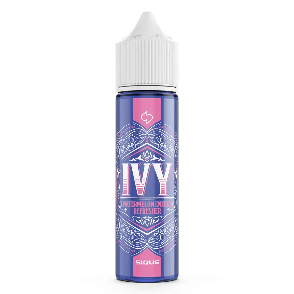 Aroma Ivy von Sique Berlin Violett-blaues Fläschchen mit weißem Deckel, Label mit „IVY“ und „Watermelon Energy Refresher“, verziertem Design und der Marke Sique.