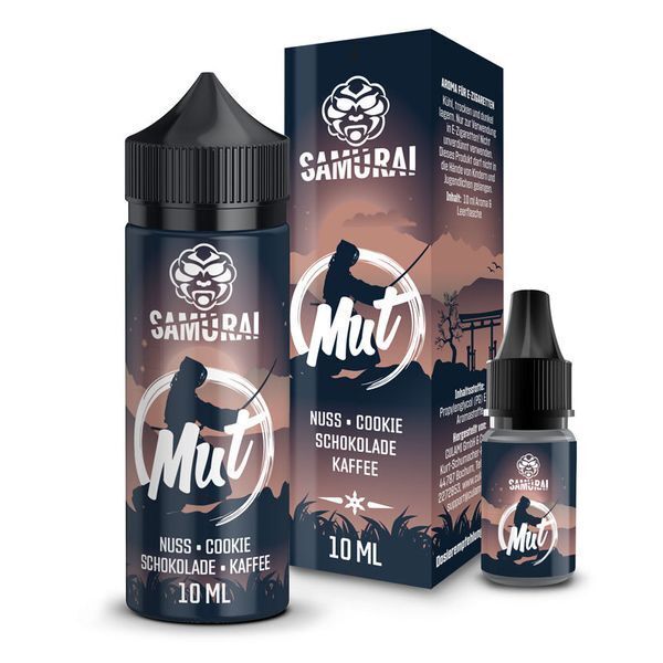 Aroma Mut von Samurai Zwei Flaschen Samurai Aroma "Mut" mit Schokoladen-, Nuss- und Cookie-Noten, in einer Verpackung mit Samurai-Motiv und rosa Himmel.