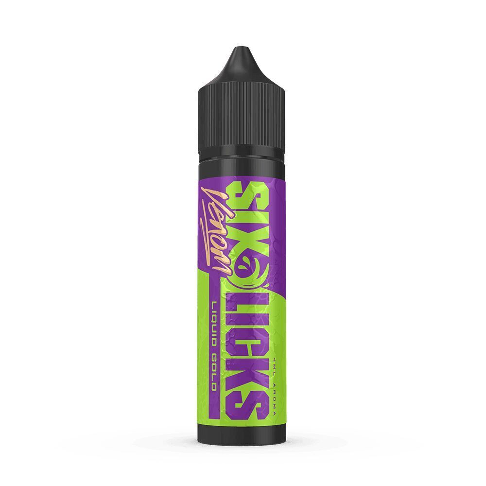 Six Licks Venom Aroma - Liquid Gold Flasche mit schwarzem Verschluss, auffälligem Etikett in Lila und Grün, Text: "Six Licks Venom Liquid Gold"