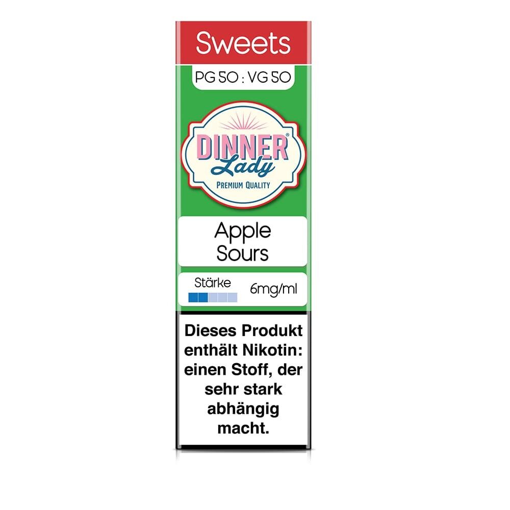 Dinner Lady Liquid Apple Sours 6mg, Nikotinwarnung: "Dieses Produkt enthält Nikotin: einen Stoff, der sehr stark abhängig macht"