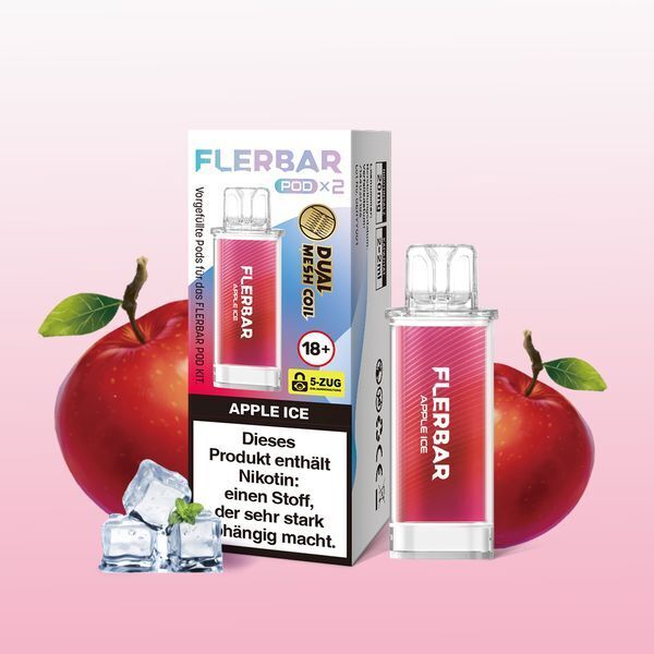 Apple Ice 20mg - Flerbar Pods Flerbar Pods Apple Ice 20mg Verpackung mit pod und Eiswürfeln, rote Äpfel im Hintergrund, Hinweis: Enthält Nikotin