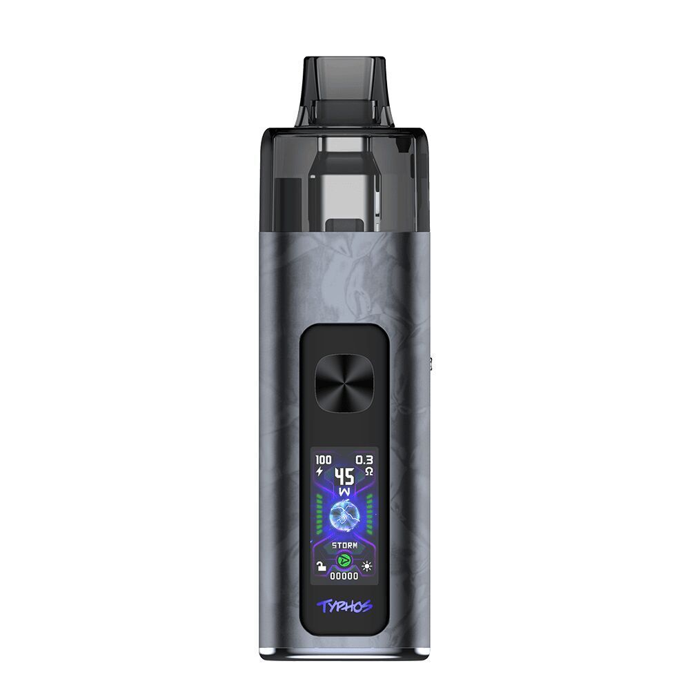 Uwell Typhos Pod Kit - Cement Gray Uwell Typhos Pod Kit in Cement Gray mit transparentem Mundstück, Displayanzeige zeigt 45 Watt und Strommodus, "Typhos"-Schriftzug unten.