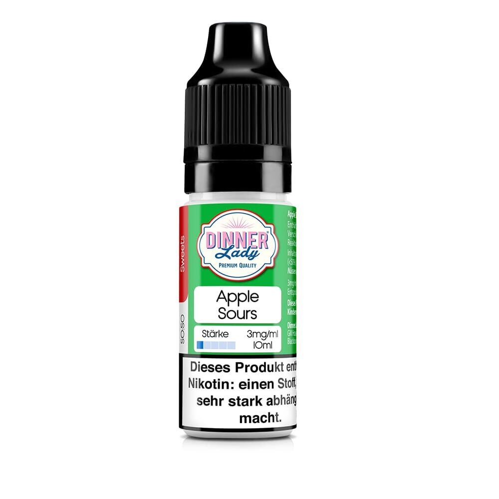 Flasche Dinner Lady Liquid Apple Sours 3mg, grün-weißes Etikett mit Produktinformationen, Warnhinweis über Nikotingehalt