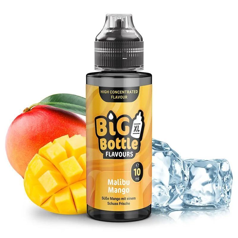Aroma Malibu Mango von Big Bottle Flavours Big Bottle Flavours Aroma Malibu Mango in schwarzer Flasche, daneben eine geschnittene Mango und Eiswürfel