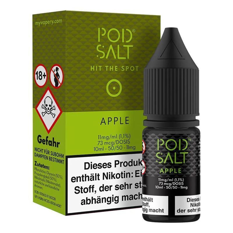 Liquid Apple von Pod Salt Core Pod Salt Core Nikotinsalz Apple Flasche und Verpackung, Warnhinweise für Nikotin, grünes Design, nicht für Subohm-Dampfen geeignet