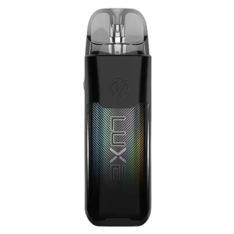 Vaporesso Luxe XR Max Pod Kit Black mit transparentem Mundstück, schwarzem Gehäuse und schimmerndem Muster auf der Vorderseite.