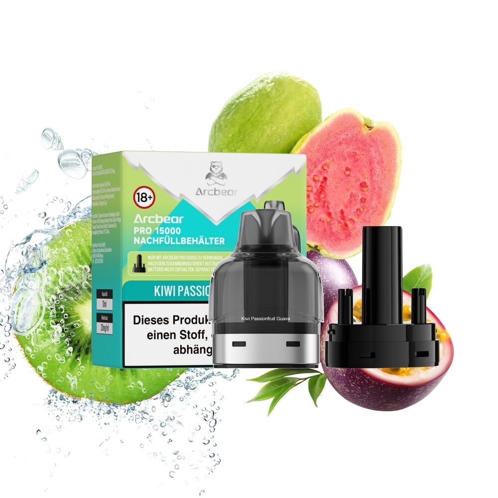 Arcbear Pro 15000 Pods - Kiwi Passionfruit Guava 20mg Arcbear Pro 15000 Pods Nachfüllbehälter mit Kiwi-Passionfruit-Guava-Geschmack, umgeben von Kiwi, Passionsfrucht und Guava, Wassertropfen im Hintergrund