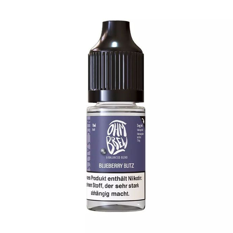 Liquid The Black - Ohm Brew Nikotinsalz Ohm Brew Blueberry Blitz Nikotinsalz-Flasche mit schwarzem Deckel, lila Etikett und Warnhinweis, enthält 3 mg Nikotin