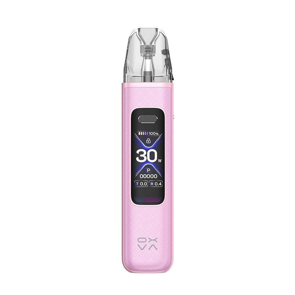 Oxva Xlim Pro 3 Pod Kit - Pink Silk Oxva Xlim Pro Pod Kit in Pink Silk, mit transparentem Mundstück und einem Bildschirm, der 30 W und Akku- und Verriegelungssymbole anzeigt.