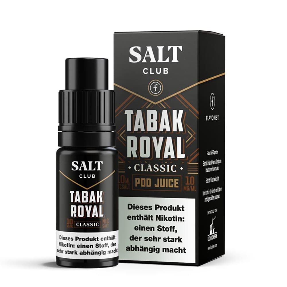 Liquid Tabak Royal Classic von Flavorist Salt Club E-Liquid-Flasche und Verpackung von Salt Club Tabak Royal Classic mit Warnung vor Nikotinabhängigkeit, 20mg Nikotinsalz Pod Juice.