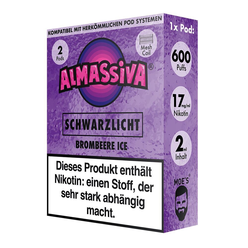 Schwarzlicht 17mg - Al Massiva Pods Violette Verpackung der Al Massiva Pod Schwarzlicht Brombeere Ice mit 17 mg Nikotin, 600 Puffs und Warnhinweis zur Nikotinsucht.