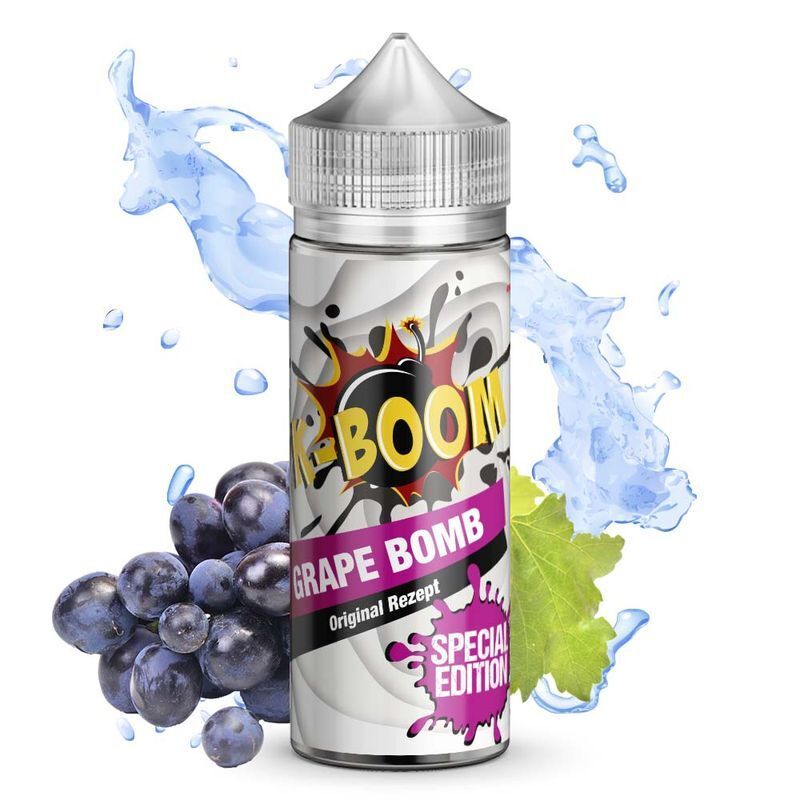 Aroma Grape Bomb von K-Boom K-Boom Aroma Grape Bomb Flasche vor herabtropfendem Wasser und frischen Trauben, Schriftzug "Original Rezept" und "Special Edition" sichtbar