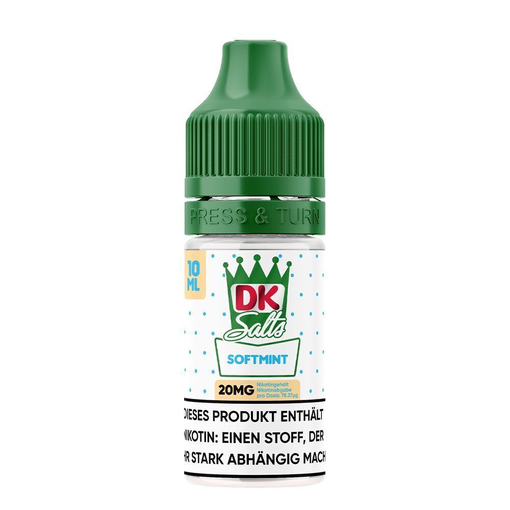 Liquid Softmint 20mg - DK Salts DK Salts Nikotinsalz Softmint 20mg Flasche mit grünem Verschluss und Etikett, das Nikotingehalt und Warnhinweis zeigt