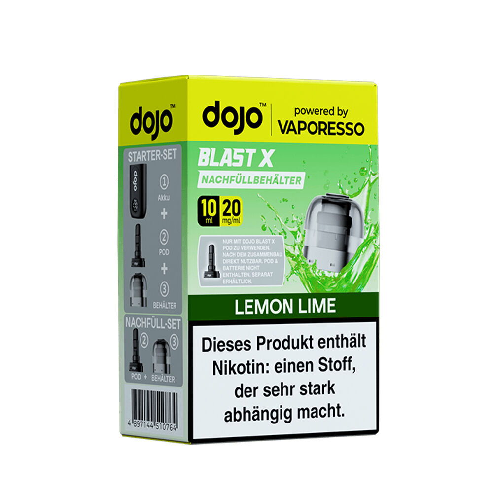 Vaporesso Dojo Blast X Pods - 20mg Nikotinsalz Vaporesso Dojo Blast X Pods Lemon Lime Box, 10ml, 20mg/ml, mit prominentem Nikotin-Warnhinweis und grünem Spritzmuster auf der Verpackung