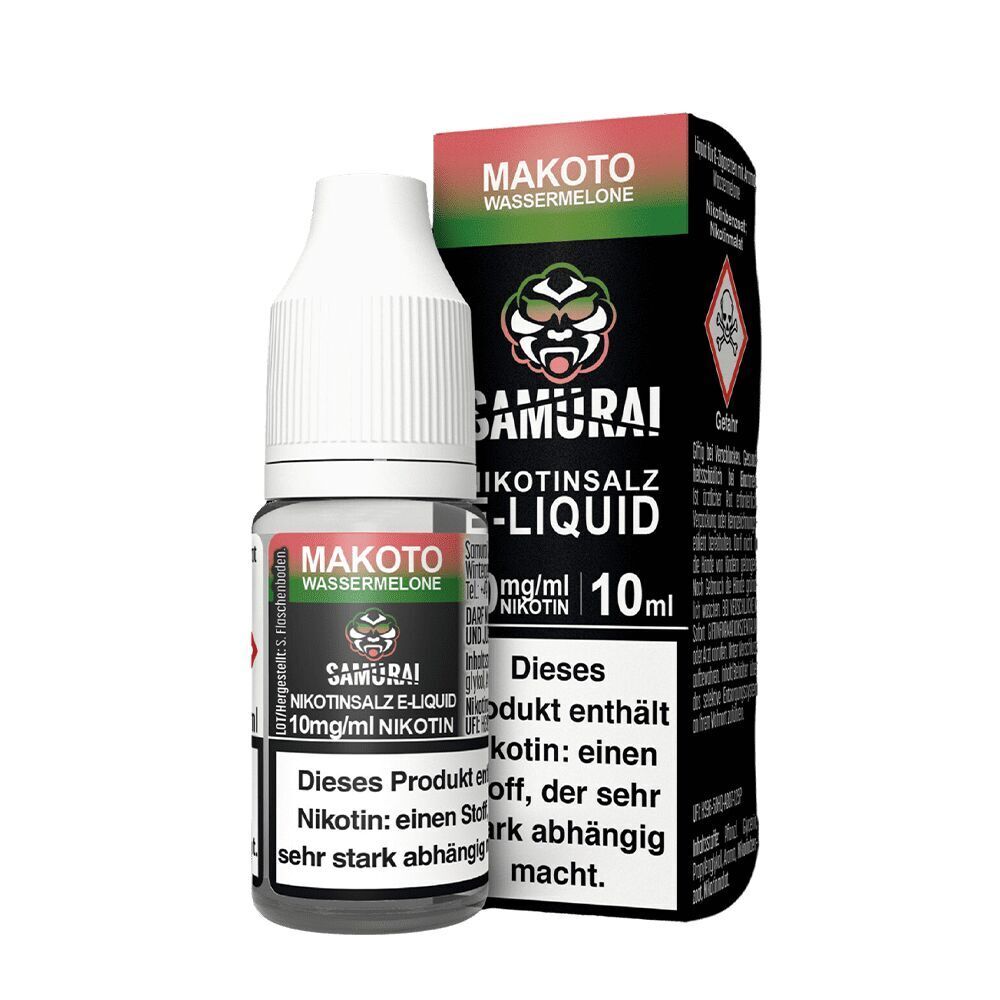 Liquid Makoto Wassermelone 10mg - Samurai Flasche und Verpackung von Samurai Nikotinsalz Makoto Wassermelone 20mg mit Warnhinweistext und lebendigem Samurai-Logo.