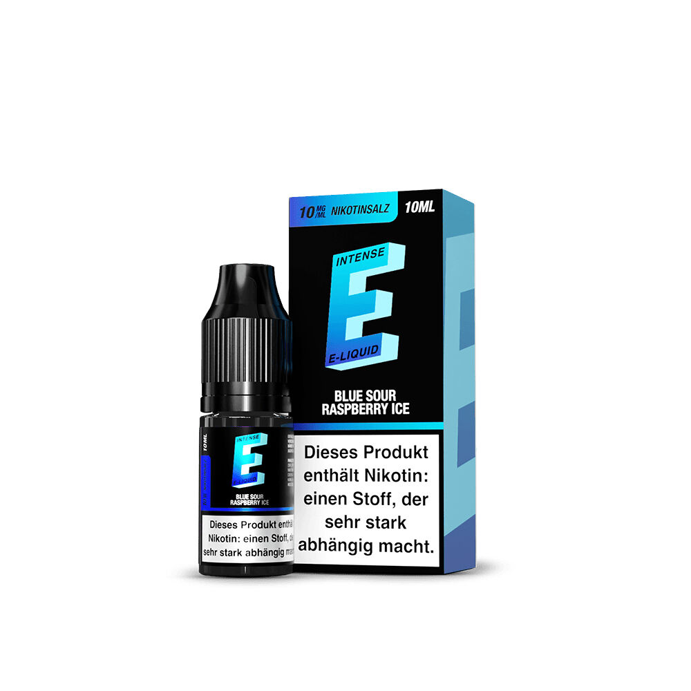 TVE E-Intense Nikotinsalz - Blueberry Sour Raspberry Ice Nikotinflasche und Verpackung von TVE E-Intense E-Liquid, Blueberry Sour Raspberry Ice, 10mg Nikotinsalz mit Warnhinweis auf der Vorderseite.