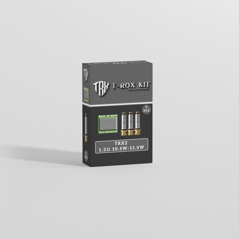 T-Rox Verdampferköpfe 1,2 Ohm Verpackung des T-Rox Kits mit drei Verdampferköpfen TRX2, 1,2Ω, 10,5W–11,5W, Mesh on Mesh Design, Tech Innovation Label