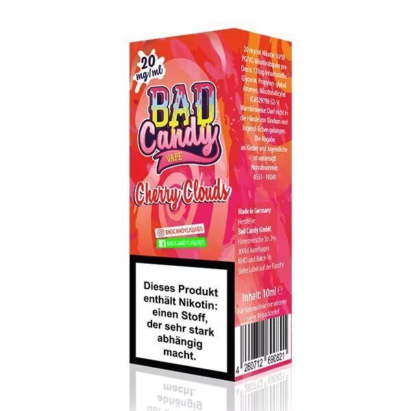 Liquid Cherry Clouds mit 10mg Nikotin von Bad Candy Verpackung von Bad Candy Nikotinsalz Cherry Clouds 10mg mit Aufschrift über Nikotinhaftigkeit und Herstellungsinformationen