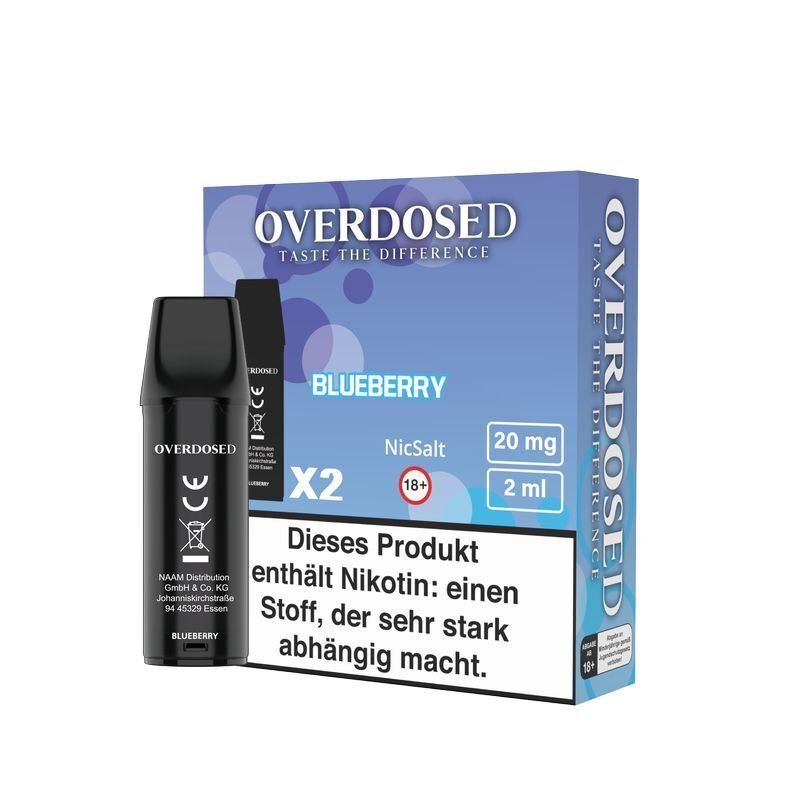 Blueberry 20mg - Overdosed Pods Overdosed Pods Blueberry 20mg, Verpackung mit zwei Pods, NicSalt, 2ml, mit Warnhinweis: Produkt enthält Nikotin, ab 18 Jahren.