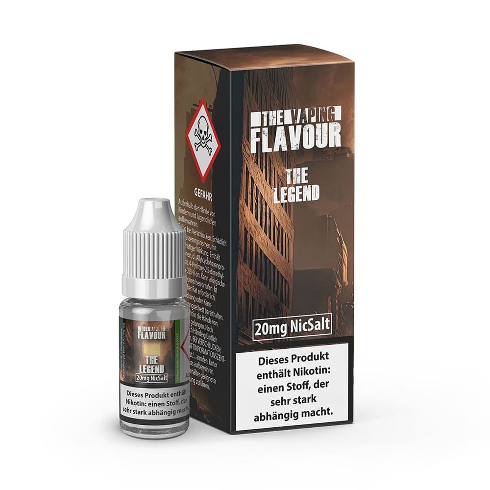 Liquid The Legend 20mg - The Vaping Flavour Flasche und Verpackung des Nikotinsalzprodukts The Vaping Flavour - The Legend 20mg, Warnhinweis auf Abhängigkeit.